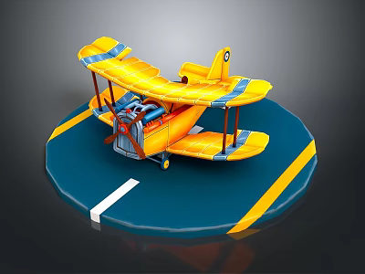 Yellow Biplane Model On Blue Circular Platform With Yellow White Lines 3d model