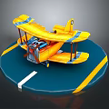 Yellow Biplane Model On Blue Circular Platform With Yellow White Lines