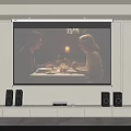 Cozy Living Room Home Theater Setup With Projector Screen Speakers And Green Plant