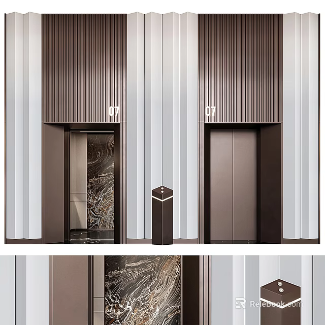 Modern Elevator Design With Bronze Doors Vertical Striped Walls And Floor Number 07 In Luxury Lobby 3d model 