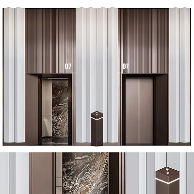 Modern Elevator Design With Bronze Doors Vertical Striped Walls And Floor Number 07 In Luxury Lobby 3d model