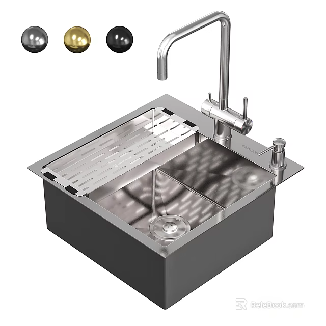 Stainless Steel Double Bowl Kitchen Sink With Folding Drying Rack And Faucet 3d model 