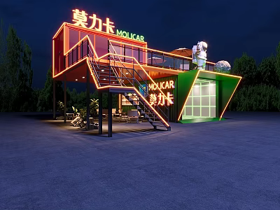 MOLICAR Container Building With Neon Sign And Staircase At Night Outdoor 3d model