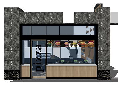 Pizza Shop Reception Desk With Wooden Counter And Glass Window 3d model