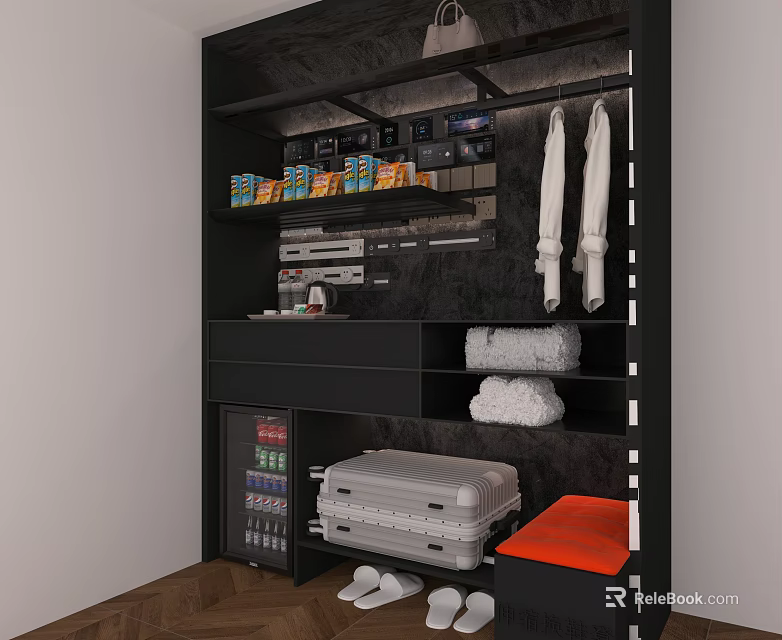 Modern Black Wardrobe Interior With Open Shelves Hanging Rods Storage Box And Slippers 3d model 