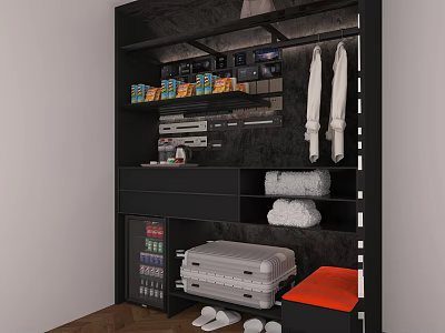 Modern Black Wardrobe Interior With Open Shelves Hanging Rods Storage Box And Slippers 3d model