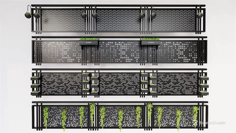 Various Decorative Metal Fence Designs With Patterns And Green Plants 3d model 