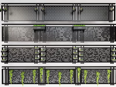 Various Decorative Metal Fence Designs With Patterns And Green Plants 3d model