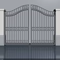 Metal Swing Gate With Ornate Patterns Flanked By White Pillars And Symmetrical Arch Top Design