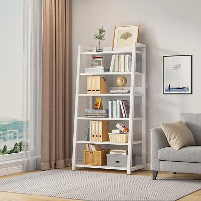 White Multi Tier Bookshelf With Books Binders Plant Globe And Framed Picture In Living Room 3d model
