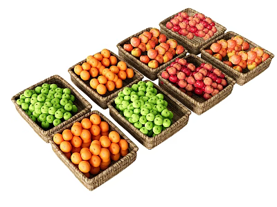 Fresh Assorted Fruits in Wicker Baskets with Green Orange and Red Varieties Displayed 3d model