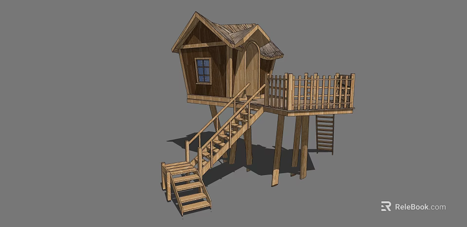 Elevated Wooden Treehouse with Stairs Railing Platform and Structure Design 3d model 