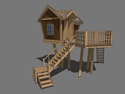 Elevated Wooden Treehouse with Stairs Railing Platform and Structure Design 3d model