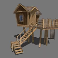 Elevated Wooden Treehouse with Stairs Railing Platform and Structure Design 3d model