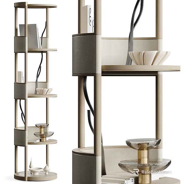 Modern Decorative Cabinet Featuring Multi tiered Shelves And Metal Accents Holding Bowls And Vase 3d model 