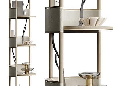 Modern Decorative Cabinet Featuring Multi tiered Shelves And Metal Accents Holding Bowls And Vase 3d model
