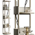 Modern Decorative Cabinet Featuring Multi tiered Shelves And Metal Accents Holding Bowls And Vase