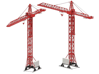 Two Red Tower Cranes Industrial Heavy Lifting Equipment with Robust Steel Structure Design 3d model