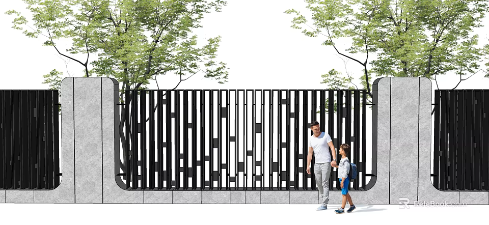 Modern Architectural Exterior Wall With Black Metal Grille Gray Pillars And Green Trees 3d model 