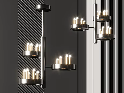 Modern Metal Chandelier With Multiple Circular Light Panels On Dark Striped Wall 3d model