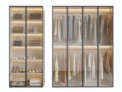 Modern Glass Door Wardrobe With Hanging Clothes Bags Hats And Shoes Storage 3d model