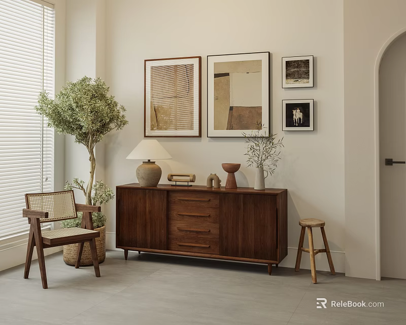 Walnut Wooden Console Table With Drawers Decorative Items And Wall Art 3d model