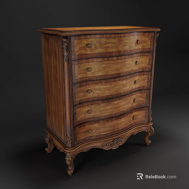 Classic Wooden Chest of Drawers With Carved Details And Ornate Legs 3d model 