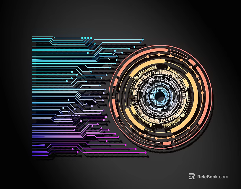Abstract Colorful Line Design With Circuit Board And Circular Multilayer Structure On Black Background 3d model 