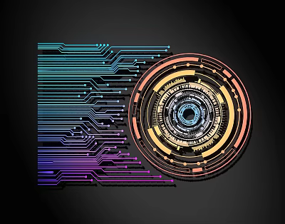 Abstract Colorful Line Design With Circuit Board And Circular Multilayer Structure On Black Background 3d model