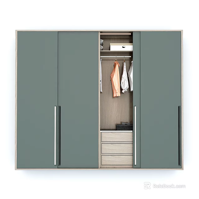 Modern Green Wardrobe With Light Wood Cabinets Hanging Space And Drawers 3d model 