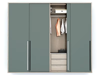 Modern Green Wardrobe With Light Wood Cabinets Hanging Space And Drawers 3d model