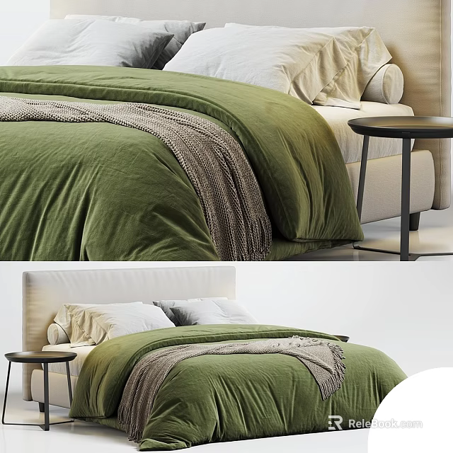 Modern Minimalist Double Bed With Green Bedspread Light Headboard And Side Table 3d model 