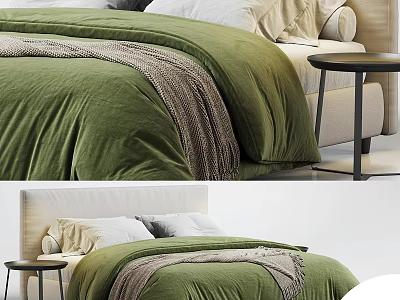 Modern Minimalist Double Bed With Green Bedspread Light Headboard And Side Table 3d model