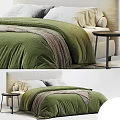 Modern Minimalist Double Bed With Green Bedspread Light Headboard And Side Table 3d model
