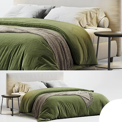 Modern Minimalist Double Bed With Green Bedspread Light Headboard And Side Table 3d model