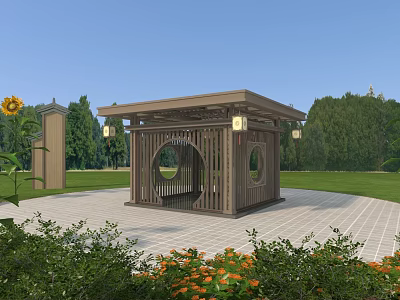 Traditional Wooden Garden Pavilion With Circular Cutouts And Lantern Lights In Grassland 3d model