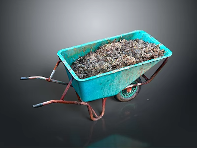 Blue Garden Wheelbarrow Filled With Dark Soil And Rusty Metal Handles 3d model