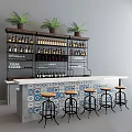 Commercial Bar Equipment With Wine Racks Glassware And Wooden Stools