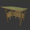 Outdoor Wooden Garden Structure With Sloped Green Roof And Support Frames