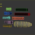 Different Types of Weapon Components Featuring Black Cylindrical Parts and Patterned Accessories