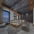 Modern Industrial Living Dining Room Interior With Wooden Wall Sofa And Hanging Light