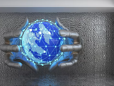 Modern Metallic Hands Decorative Hanging With Blue Globe And Network Lines On Textured Wall 3d model