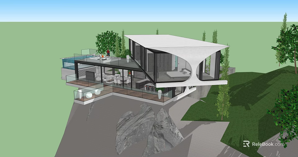 Modern Hillside Detached Villa With Open Terrace And Large Windows Surrounded By Green Trees 3d model 