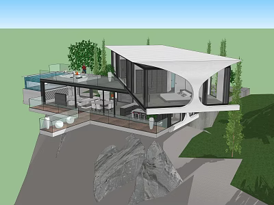 Modern Hillside Detached Villa With Open Terrace And Large Windows Surrounded By Green Trees 3d model