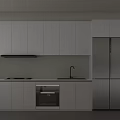 Modern Kitchen Interior With White Cabinets Black Appliances Stove Sink And Refrigerator