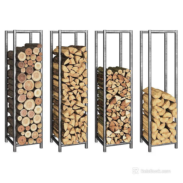Stone Wood Firewood Storage Racks With Metal Frames For Home Organization 3d model 
