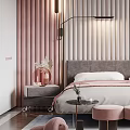 Elegant Modern Bedroom Interior With Striped Wall Panel Circular Art And Pink Stools