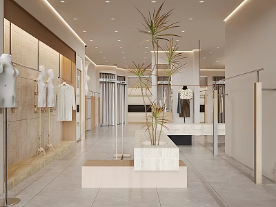 Modern Clothing Store Interior With Mannequins Clothing Racks Marble Elements And Plant Decor 3d model