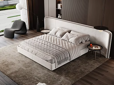 Modern Double Bed With Upholstered Headboard Light Gray Bedding And Side Table On Soft Rug 3d model