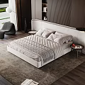 Modern Double Bed With Upholstered Headboard Light Gray Bedding And Side Table On Soft Rug 3d model